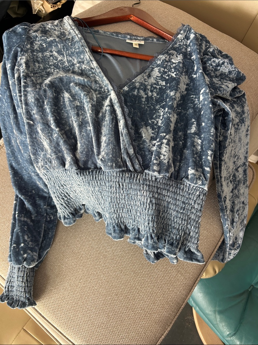 Velvet Smocked Waist V-Neck Top - Blue